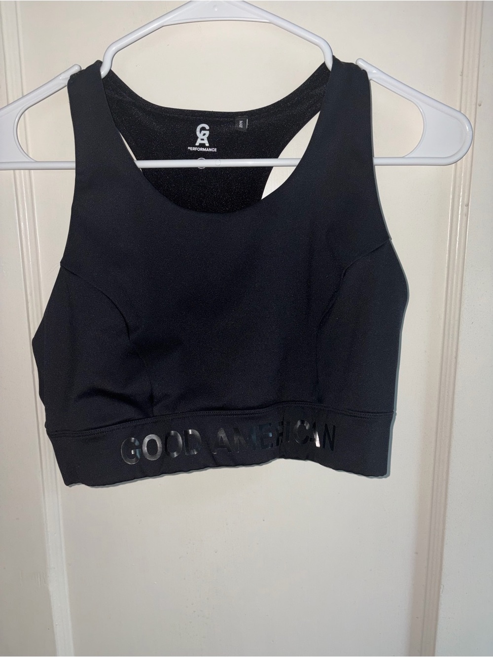 Good American performance core power black athletic sports bra/crop top